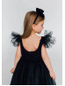 Black Pearls Tulle Open Back Flower Girl Dress